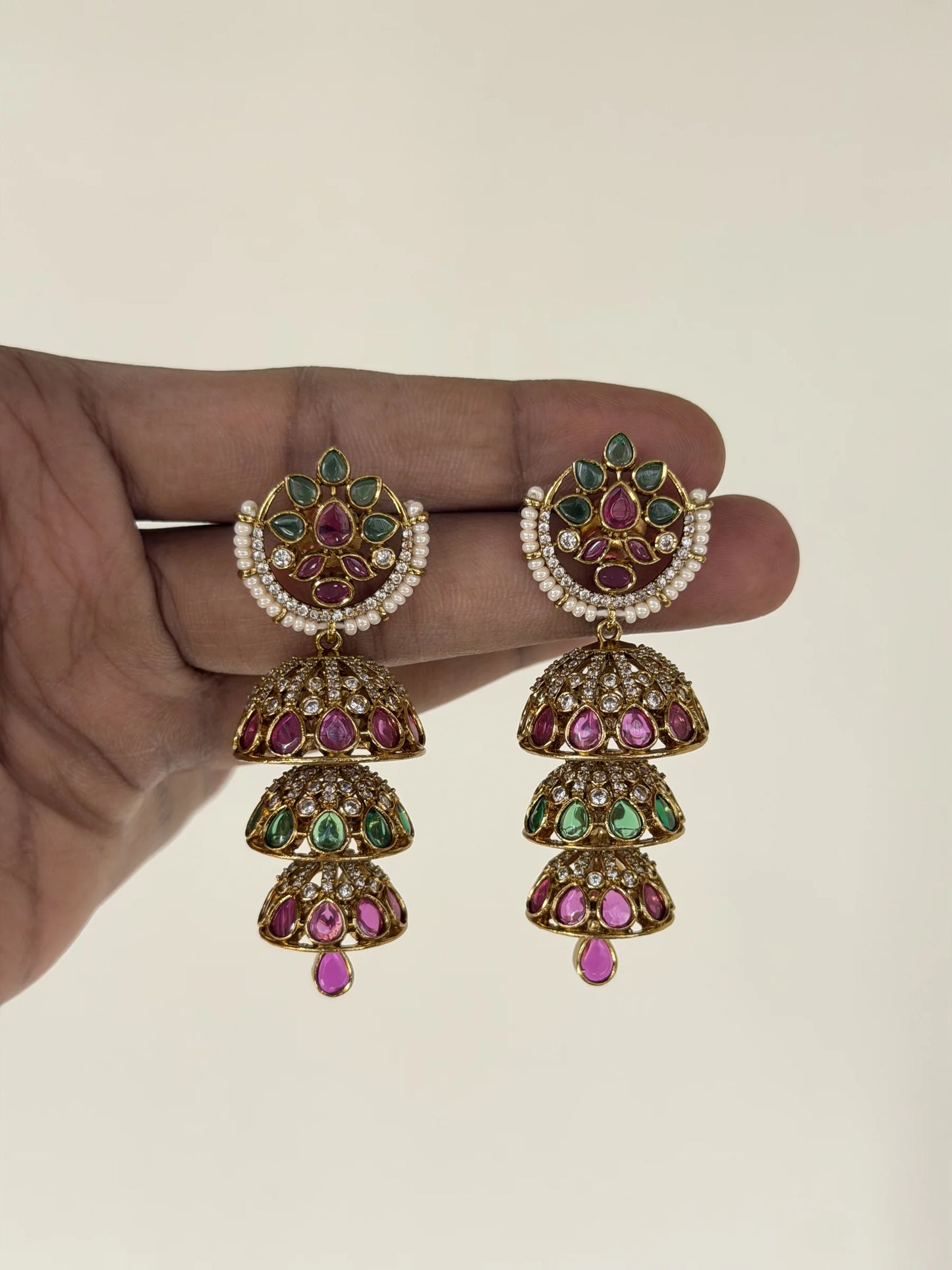 Ruby Green Pearl Chandbali Earrings