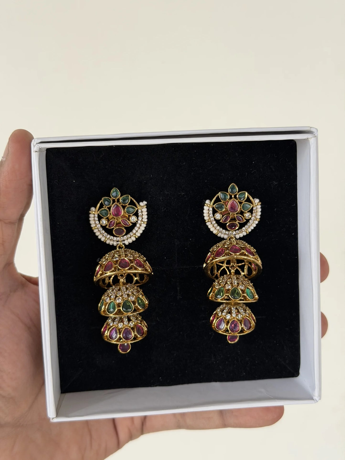 Ruby Green Pearl Chandbali Earrings