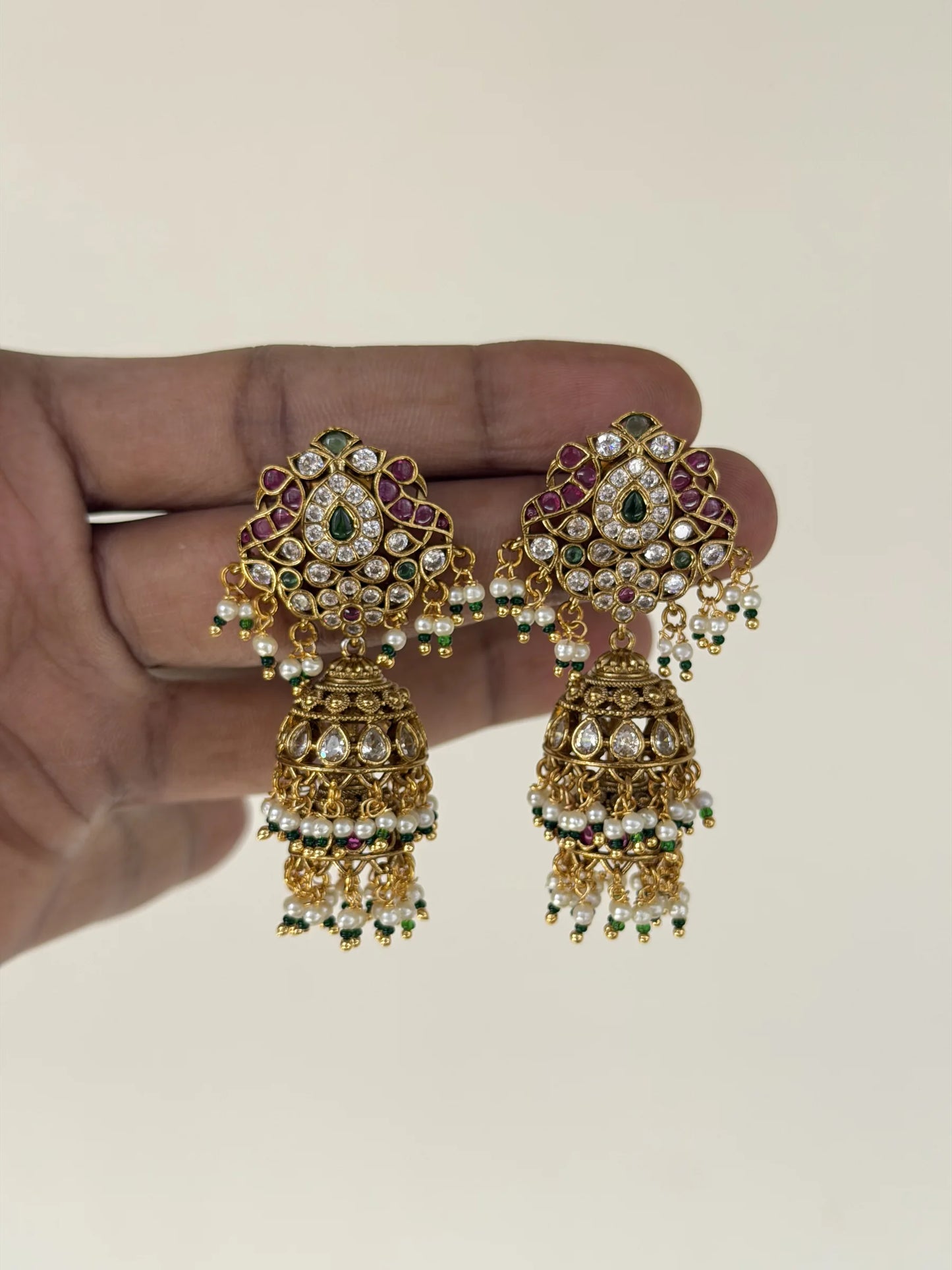 Ruby Green Pearl Layered Jhumka Earrings
