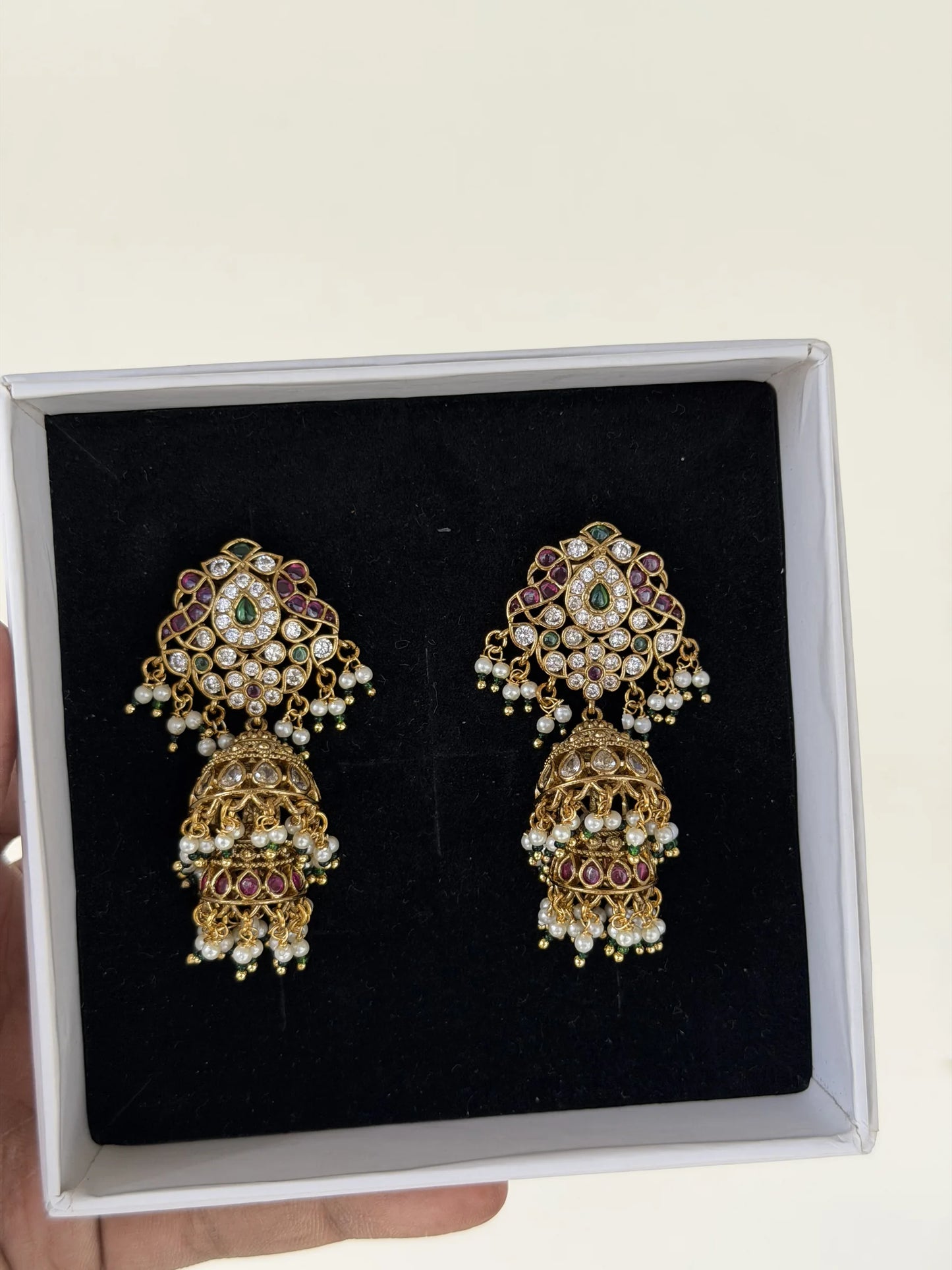 Ruby Green Pearl Layered Jhumka Earrings