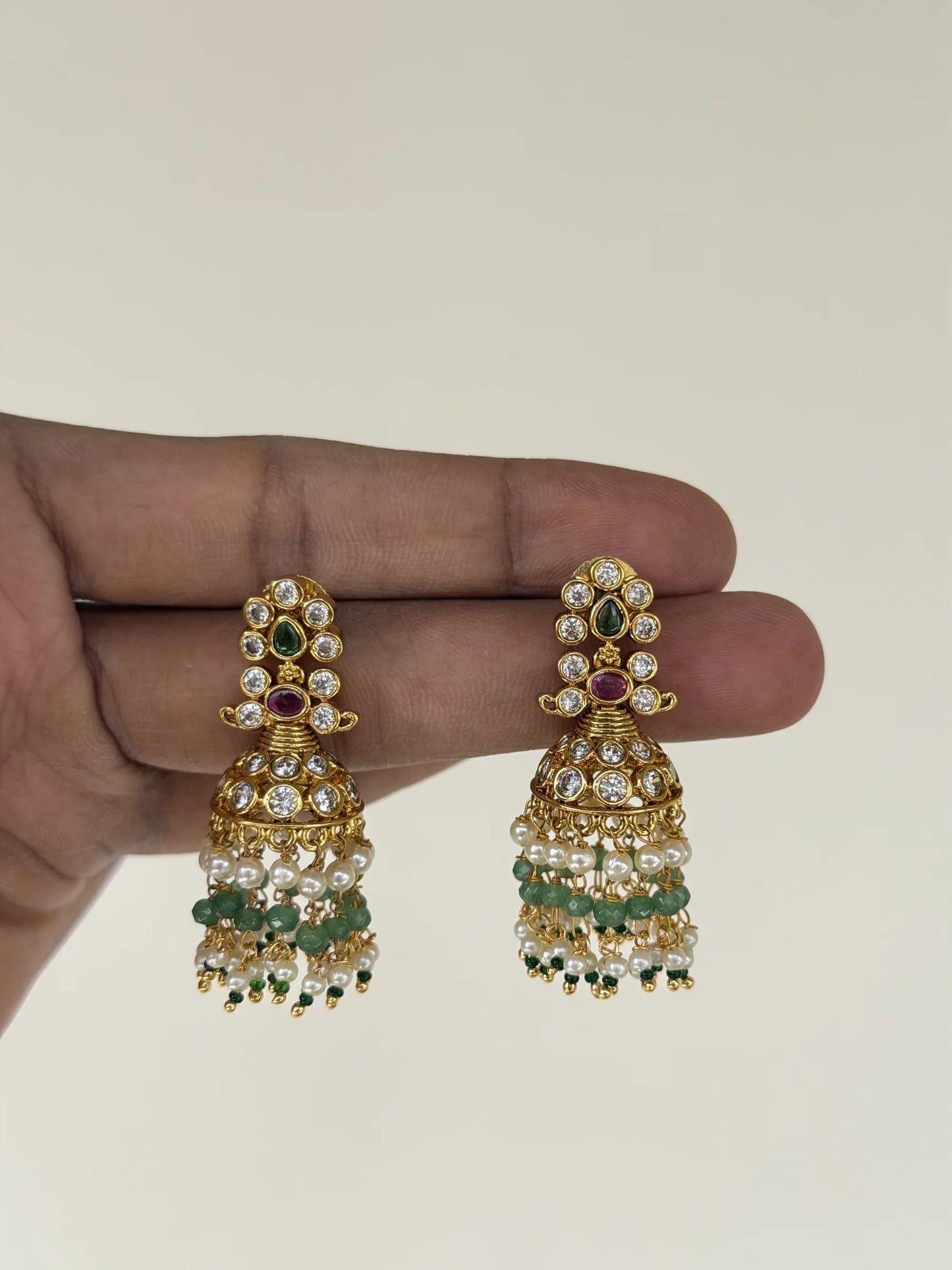 Ruby Green Pearl Studded Jhumka Earrings