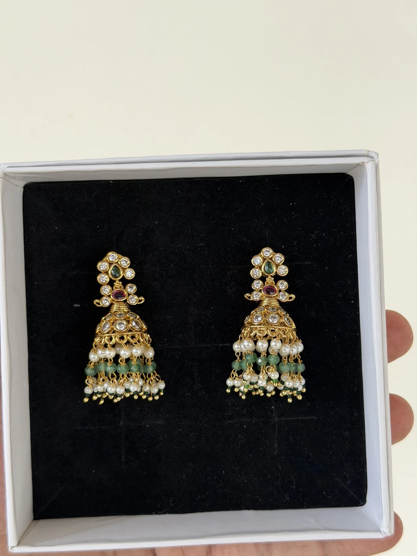 Ruby Green Pearl Studded Jhumka Earrings