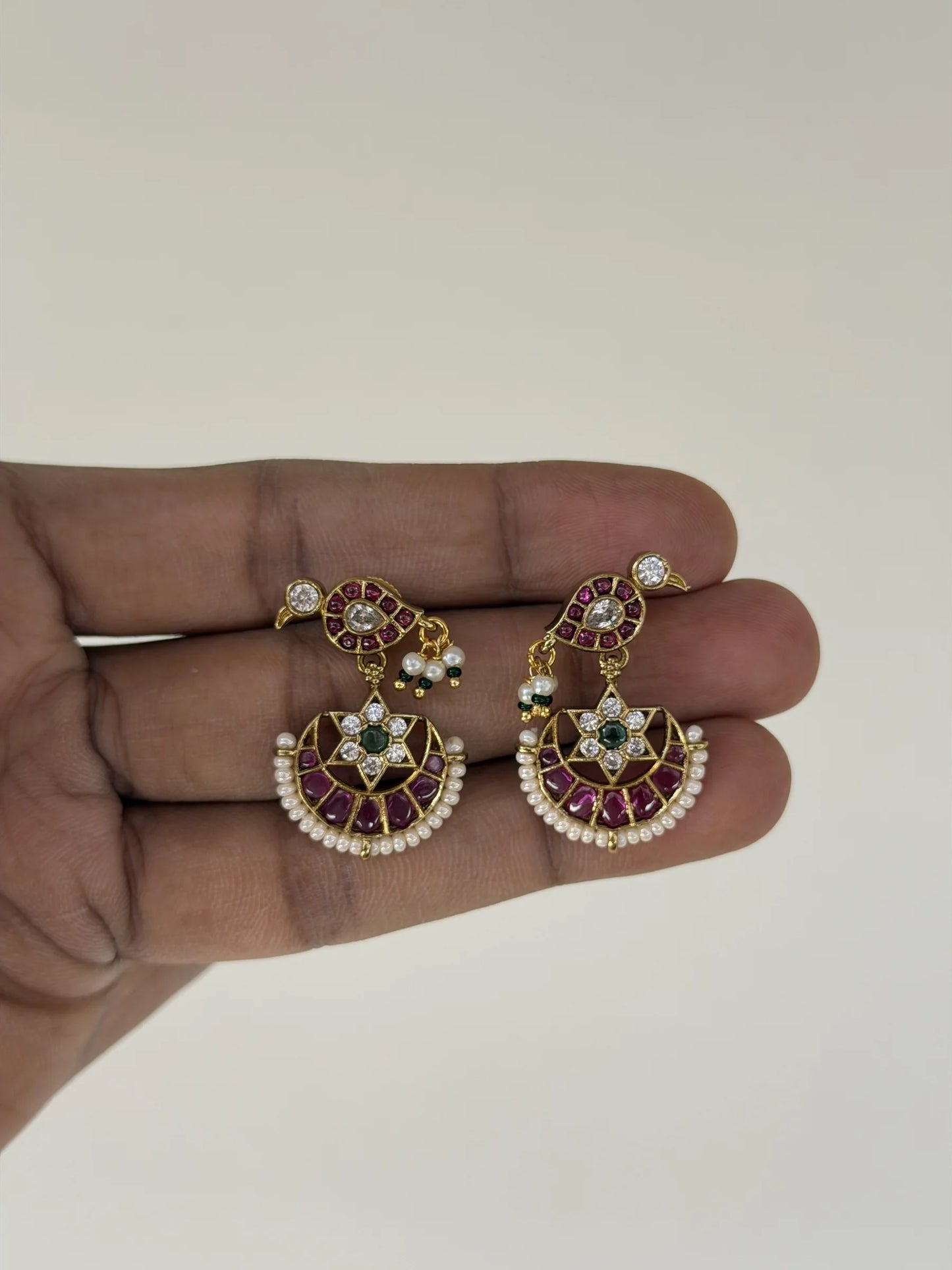 Ruby Green Pearl Parrot Dangler Earrings