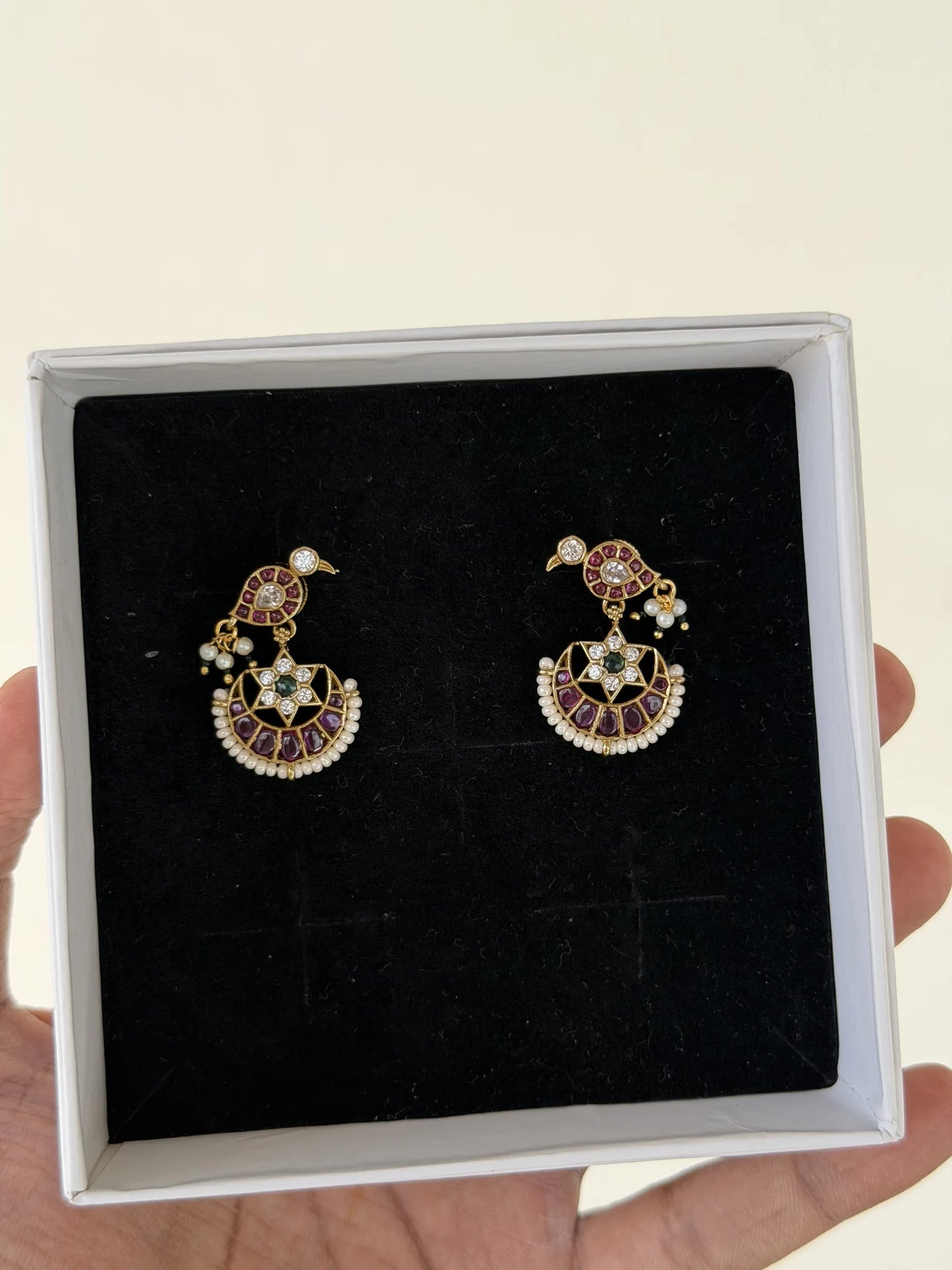 Ruby Green Pearl Parrot Dangler Earrings