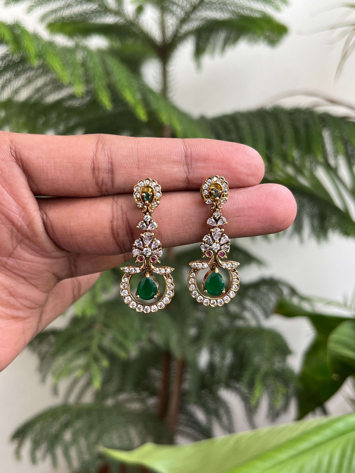 Drop Earrings | Stone Studded Green & Ruby Earrings | Party & Wedding Jewelry