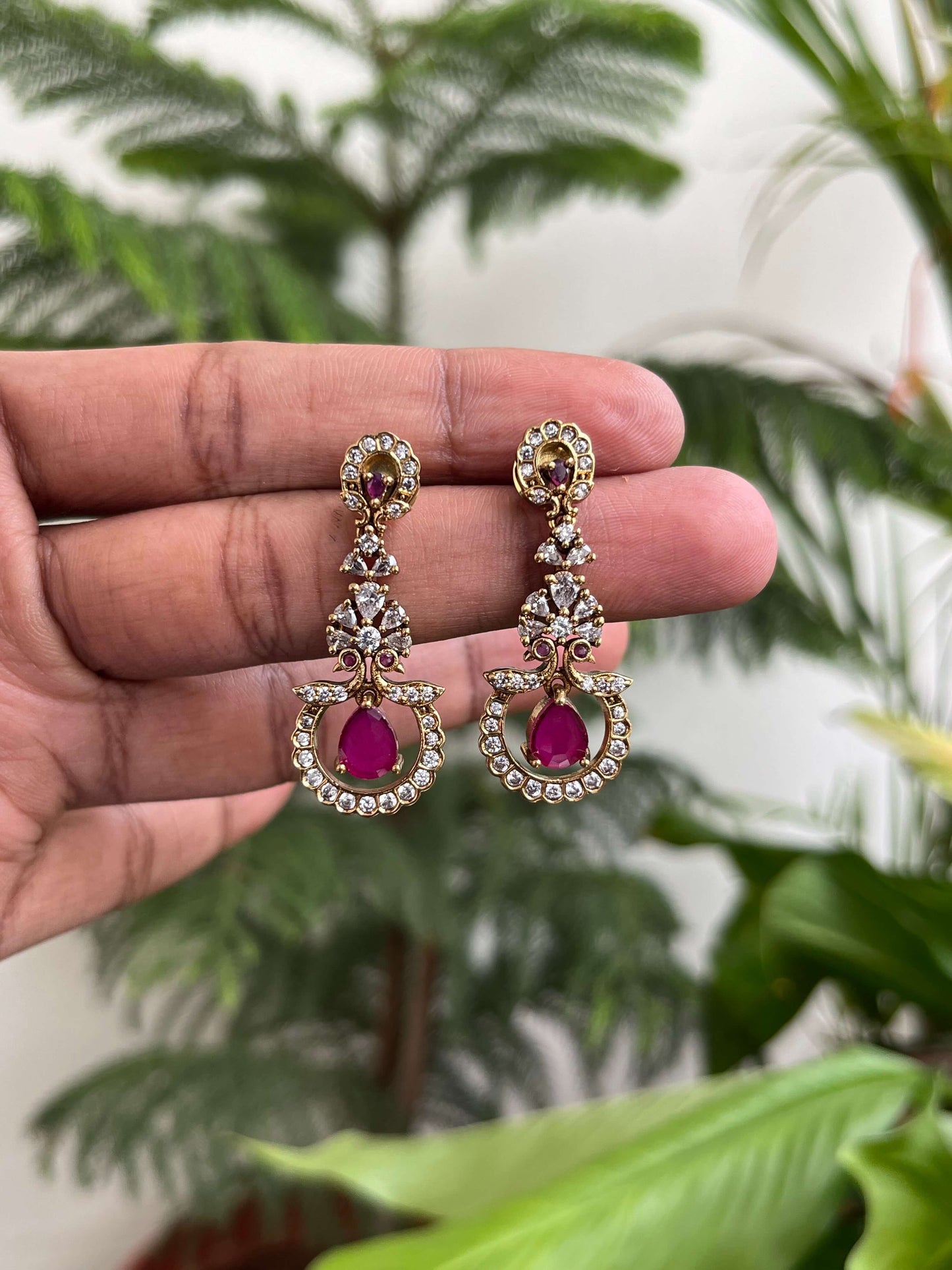 Drop Earrings | Stone Studded Green & Ruby Earrings | Party & Wedding Jewelry