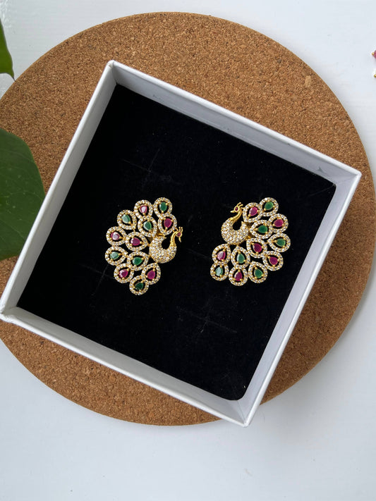 Peacock Stud Earrings | Multicolor & Ruby Stone Studs | Traditional Party & Wedding Jewelry