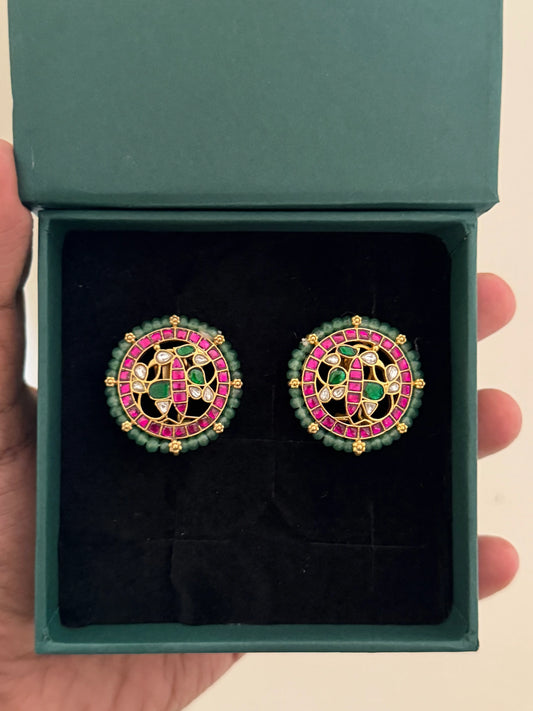 Pink Green Floral Kundan Stud Earrings