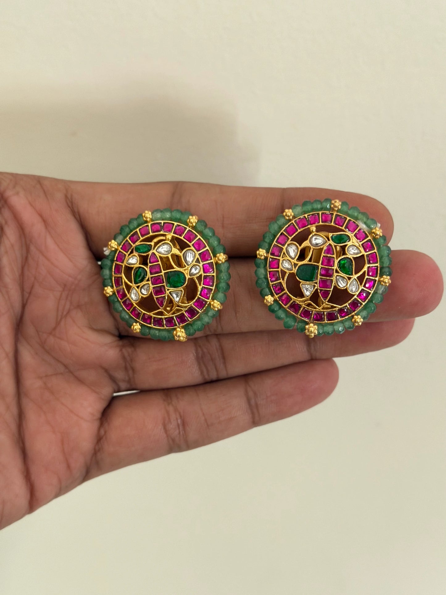 Pink Green Floral Kundan Stud Earrings