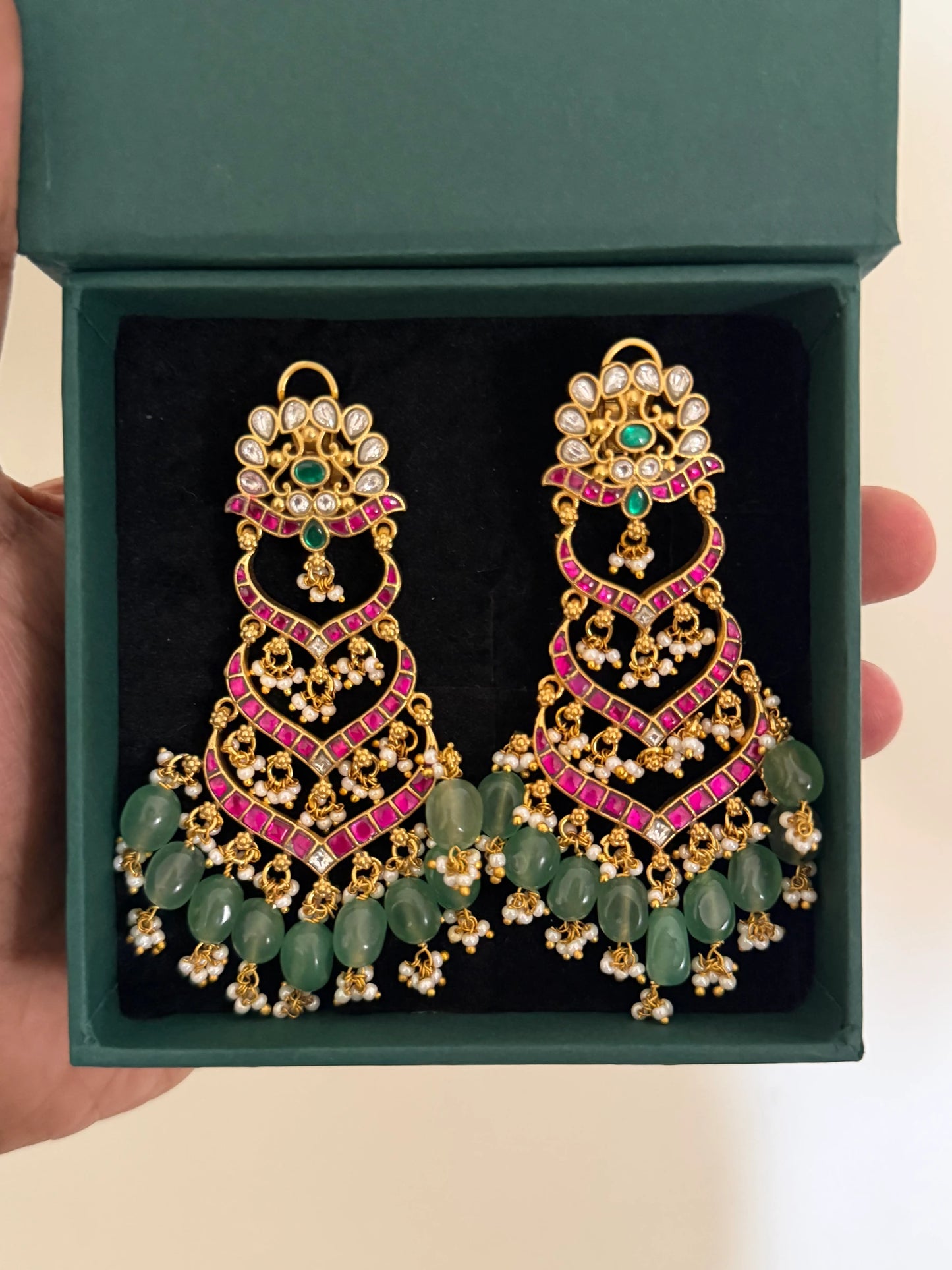 Bridal Jadau Chaandbali Earrings with Green Drops