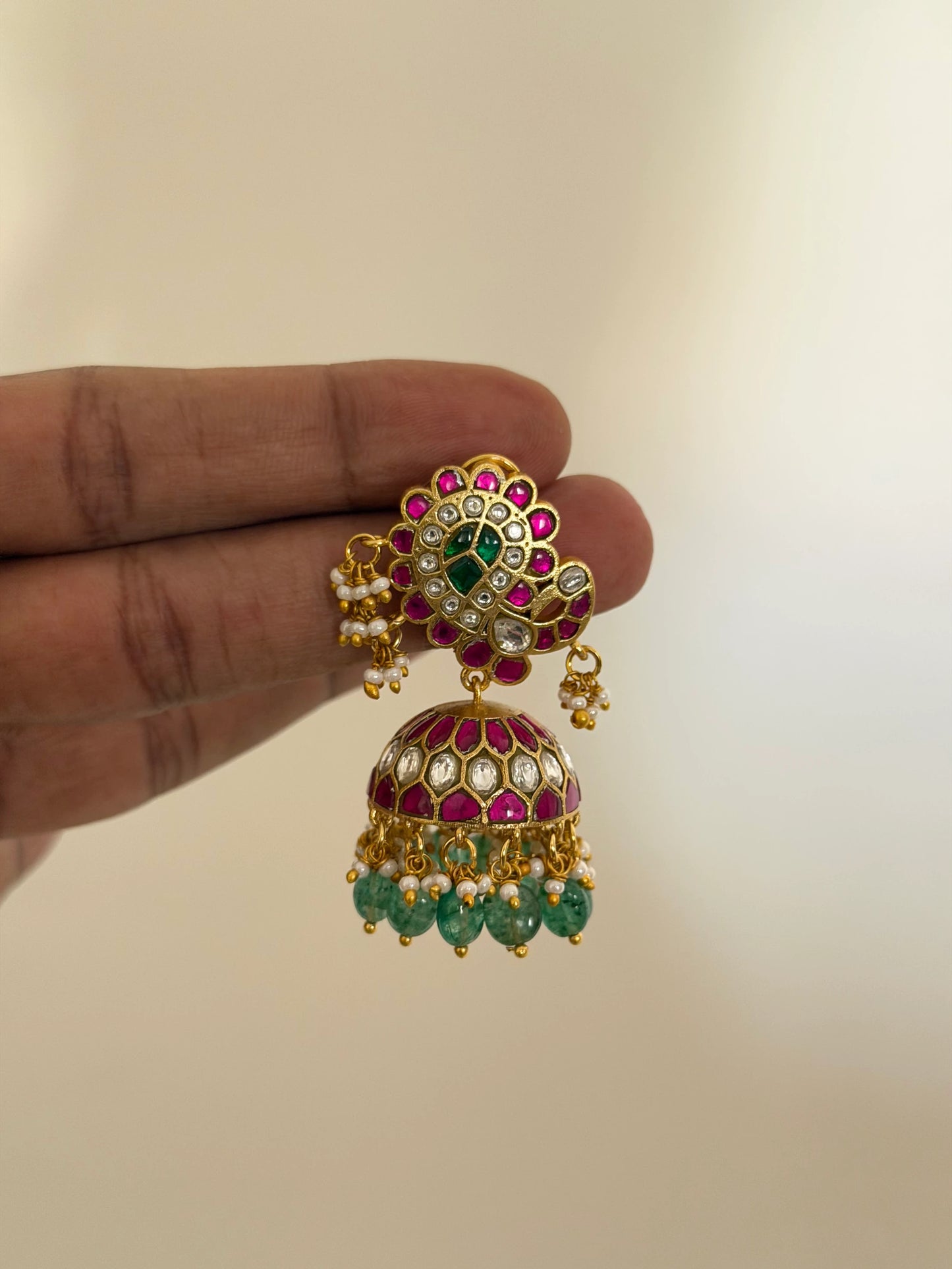 Green Bead Jadau Jhumka Earrings