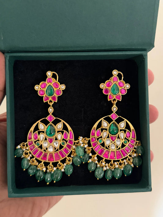 Jadau Kundan Chandbali Earrings with Green Drops