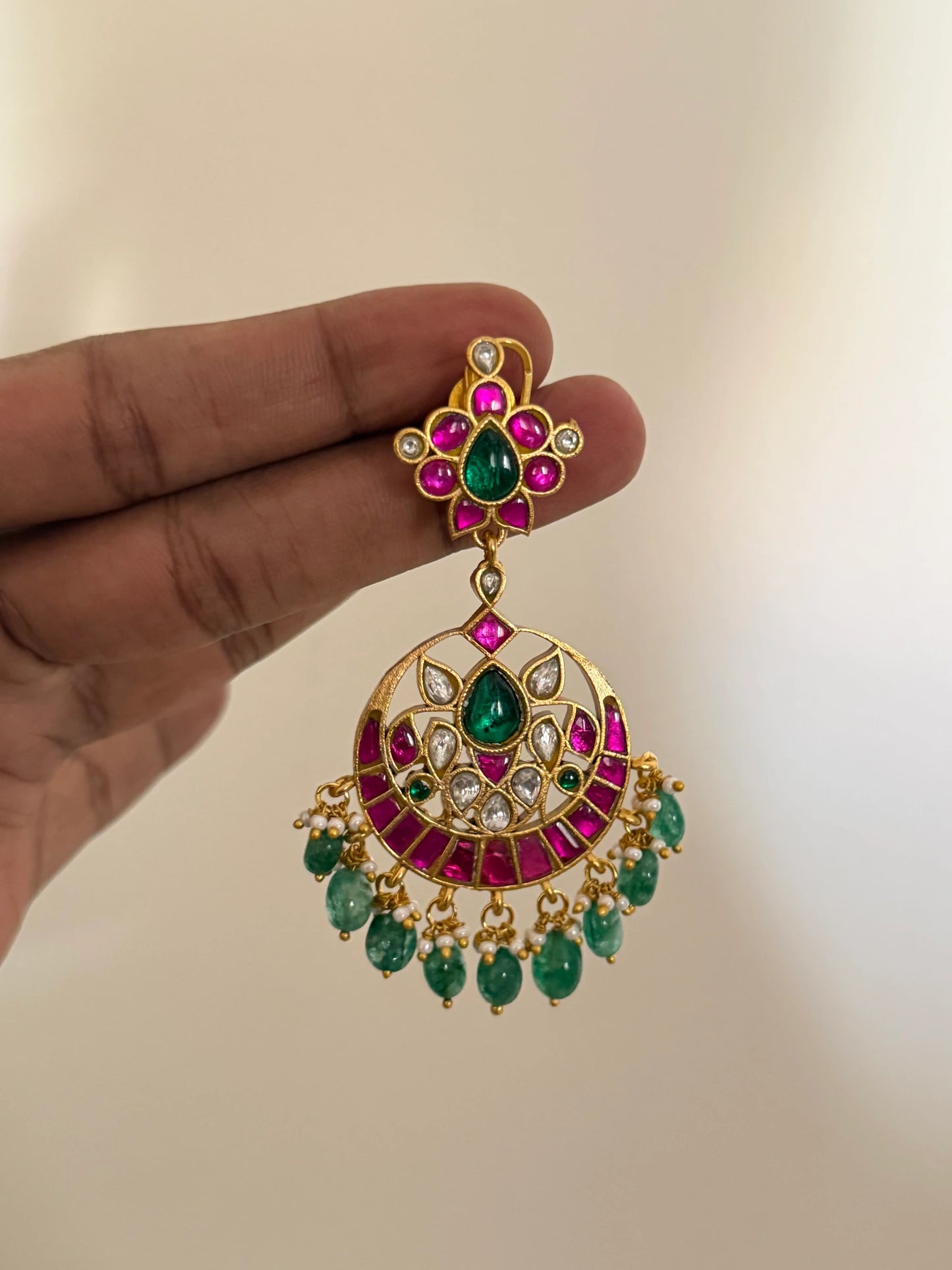 Jadau Kundan Chandbali Earrings with Green Drops