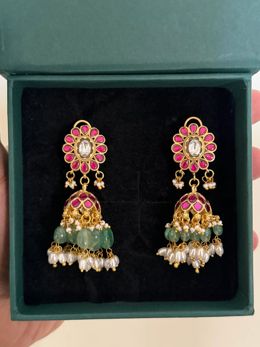 Jadau Kundan Jhumka Earrings with Pearl Drops