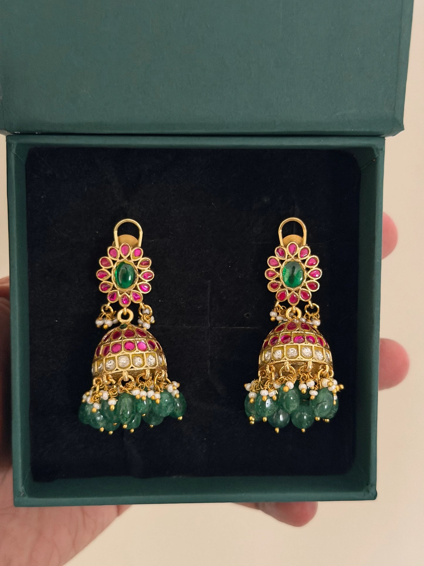 Jadau Kundan Petite Jhumka Earrings with Green Beads