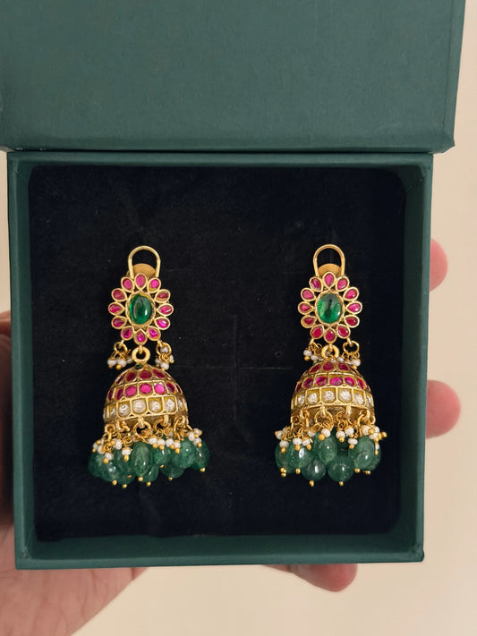 Jadau Kundan Petite Jhumka Earrings with Green Beads