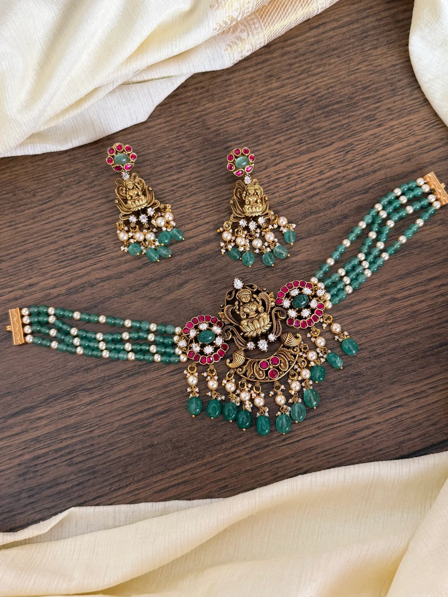 Lakshmi Emerald Bead Choker Necklace Set