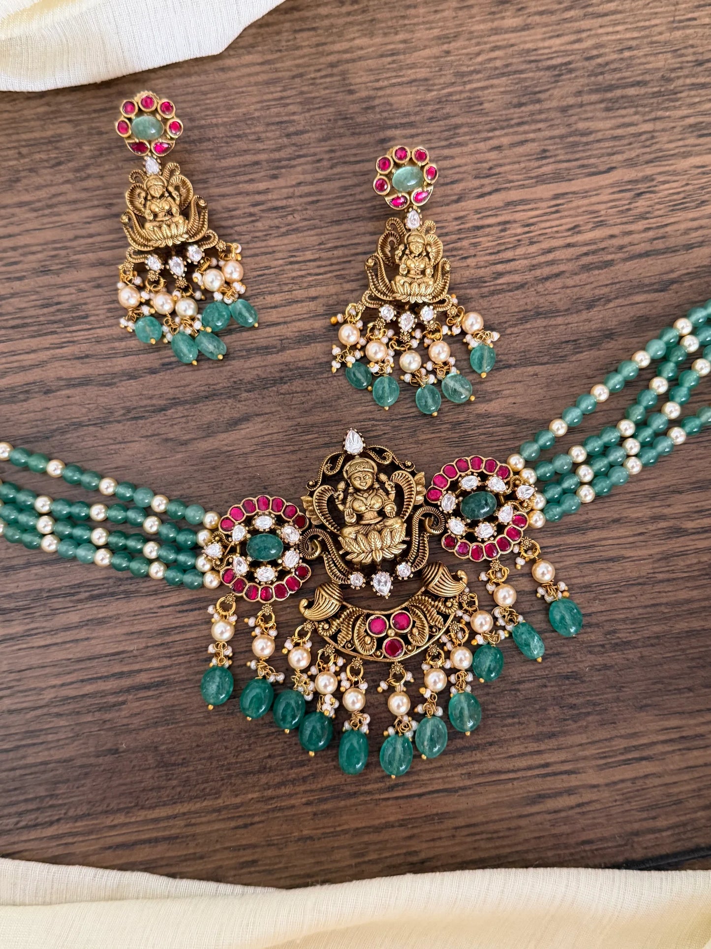 Lakshmi Emerald Bead Choker Necklace Set