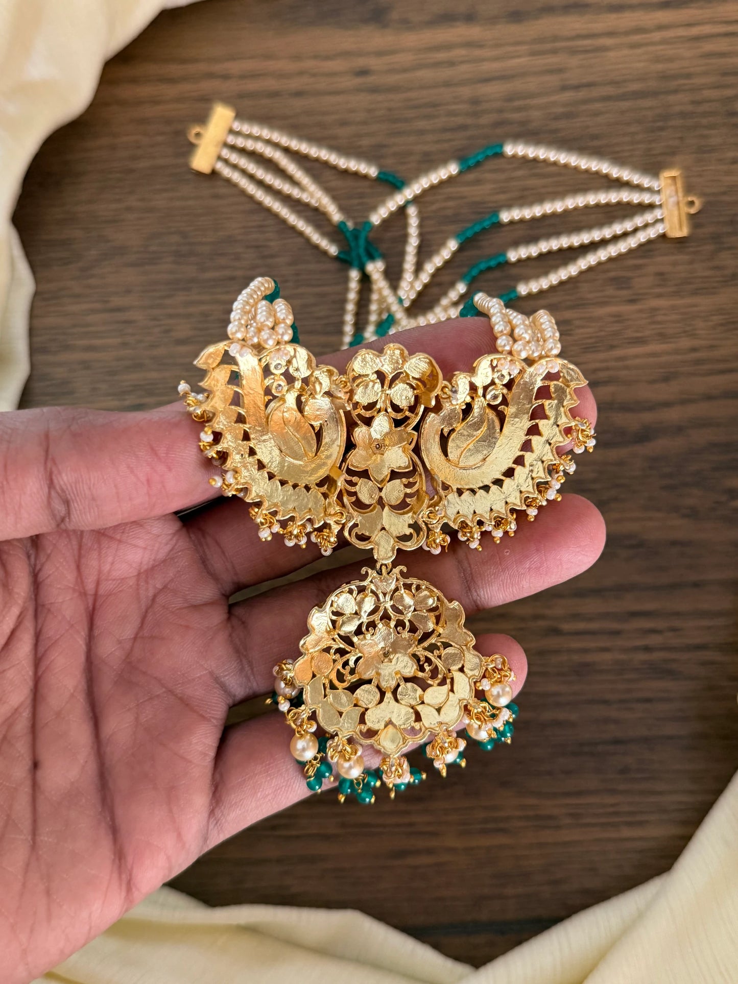 Twin Crescent Pearl & Emerald Long Haaram