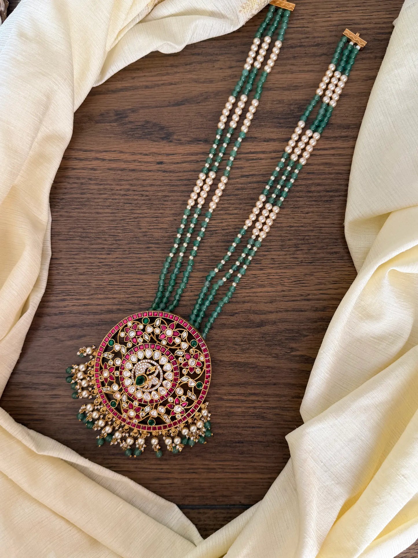 Grand Green Bead Pendant Jadau Kundan Haram
