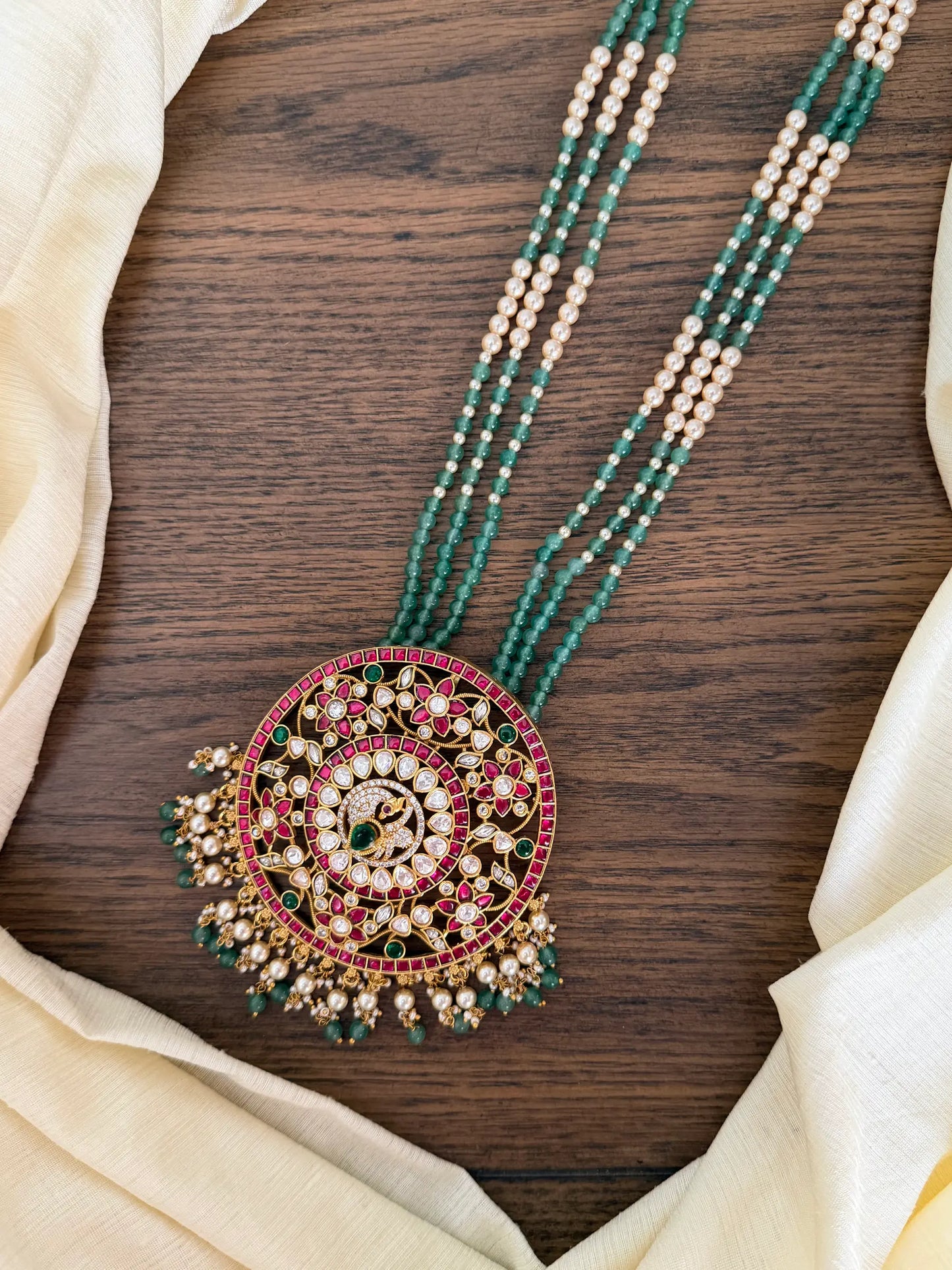 Grand Green Bead Pendant Jadau Kundan Haram