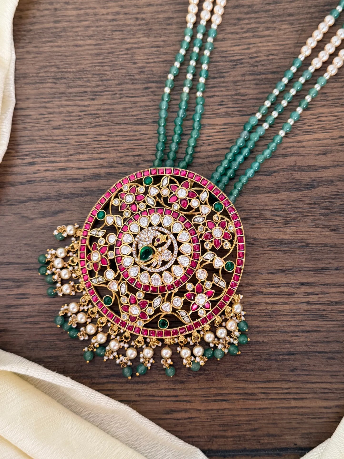Grand Green Bead Pendant Jadau Kundan Haram