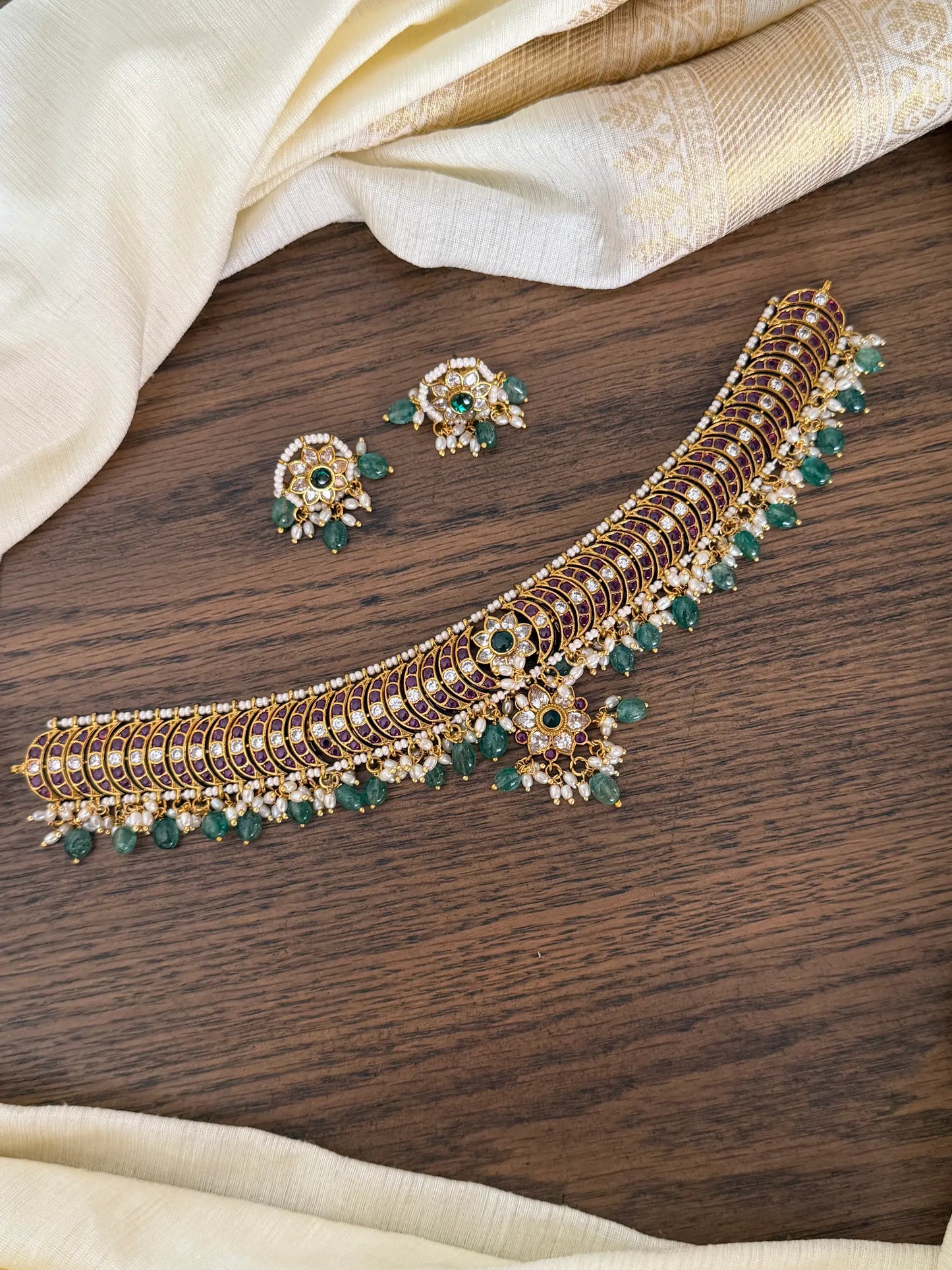 Green Bead Choker Necklace Set