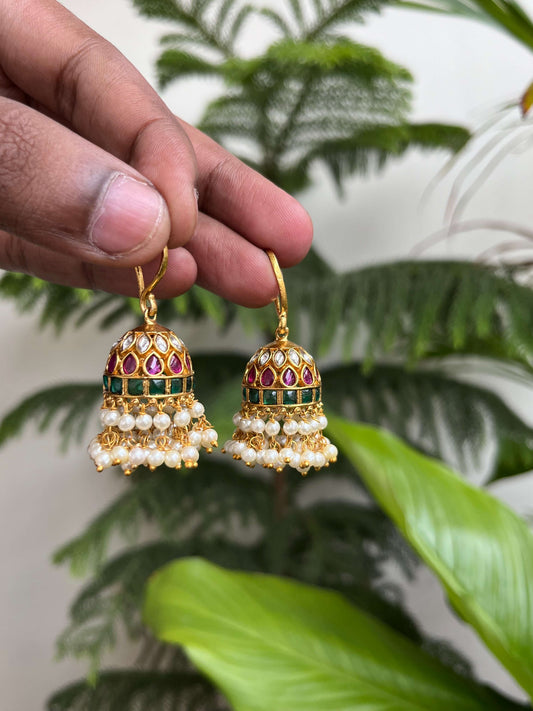 Kemp Hook Jhumka Earrings with Pearls | Traditional South Indian Temple Jewelry | Ruby & Green Stone Jhumkis