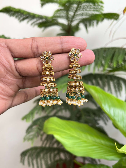 Layered Step Earrings | Traditional Jhumka Style in Green & Pink | Party & Wedding Jewelry