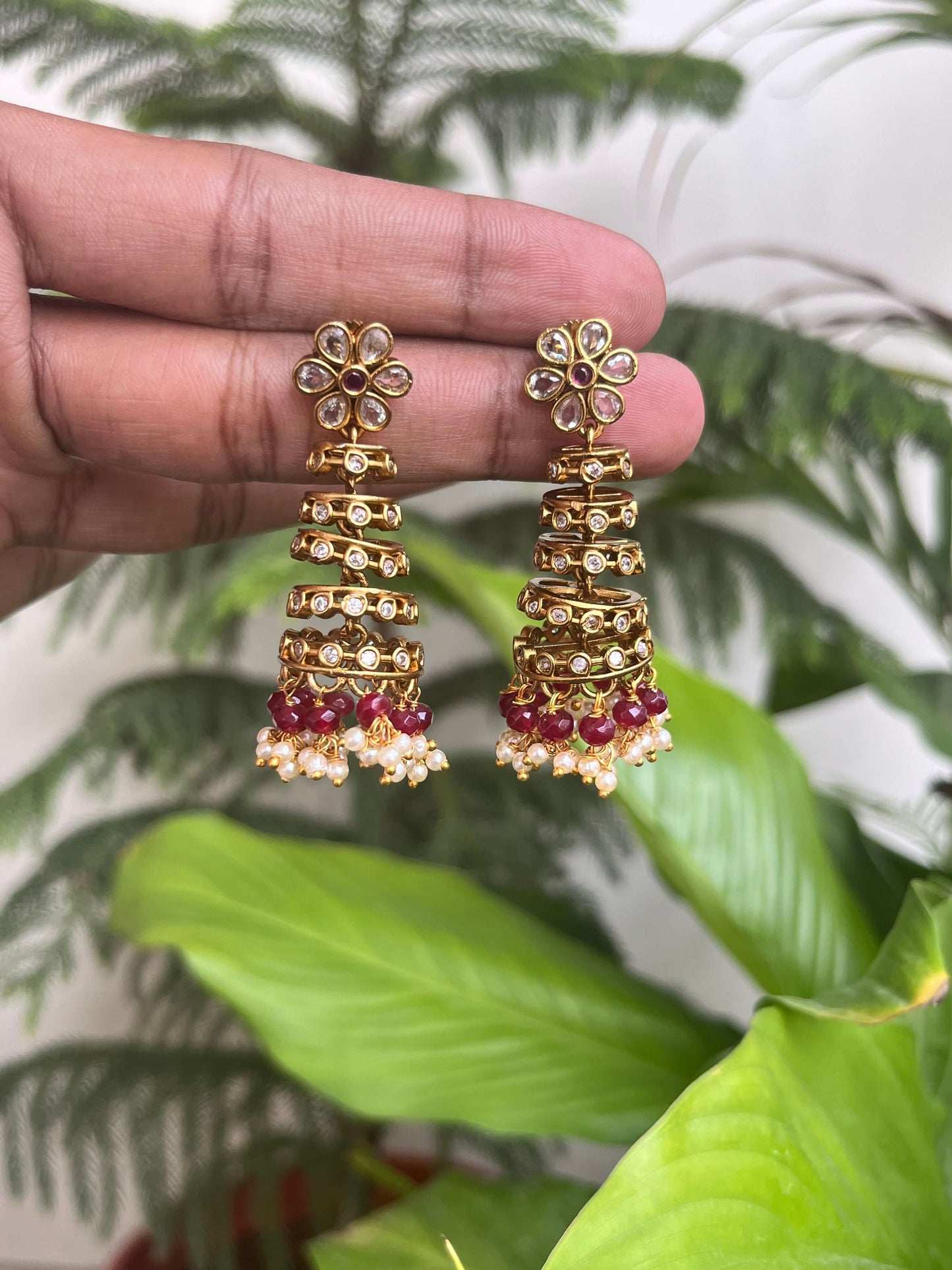 Layered Step Earrings | Traditional Jhumka Style in Green & Pink | Party & Wedding Jewelry