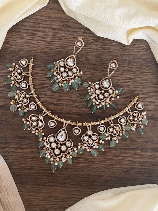 Kundan Necklace Set with Earrings | Green Beads & Pearl Choker | Wedding & Party Jewelry for Women