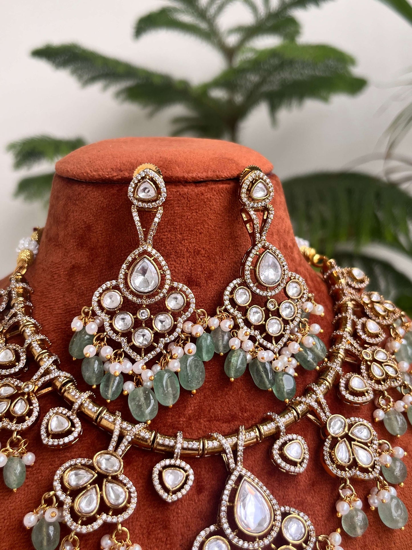 Kundan Necklace Set with Earrings | Green Beads & Pearl Choker | Wedding & Party Jewelry for Women