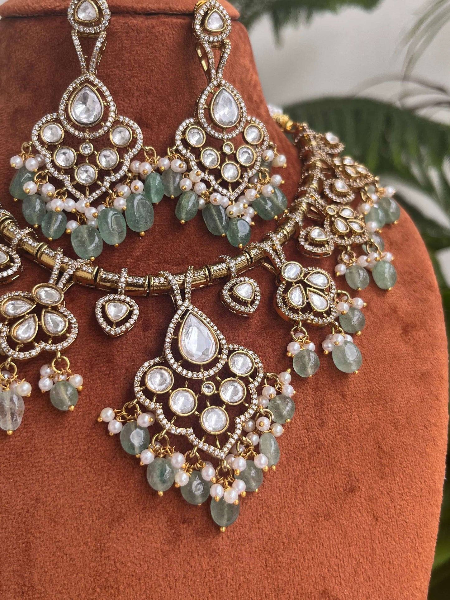Kundan Necklace Set with Earrings | Green Beads & Pearl Choker | Wedding & Party Jewelry for Women
