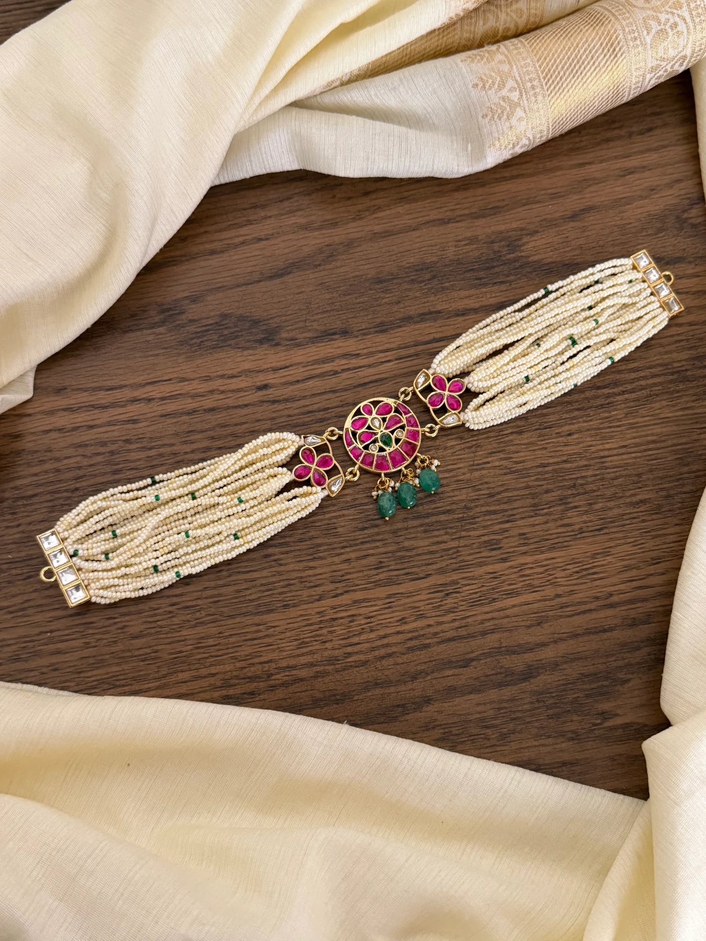 Pearl Strand Ruby Kundan Pendant Choker