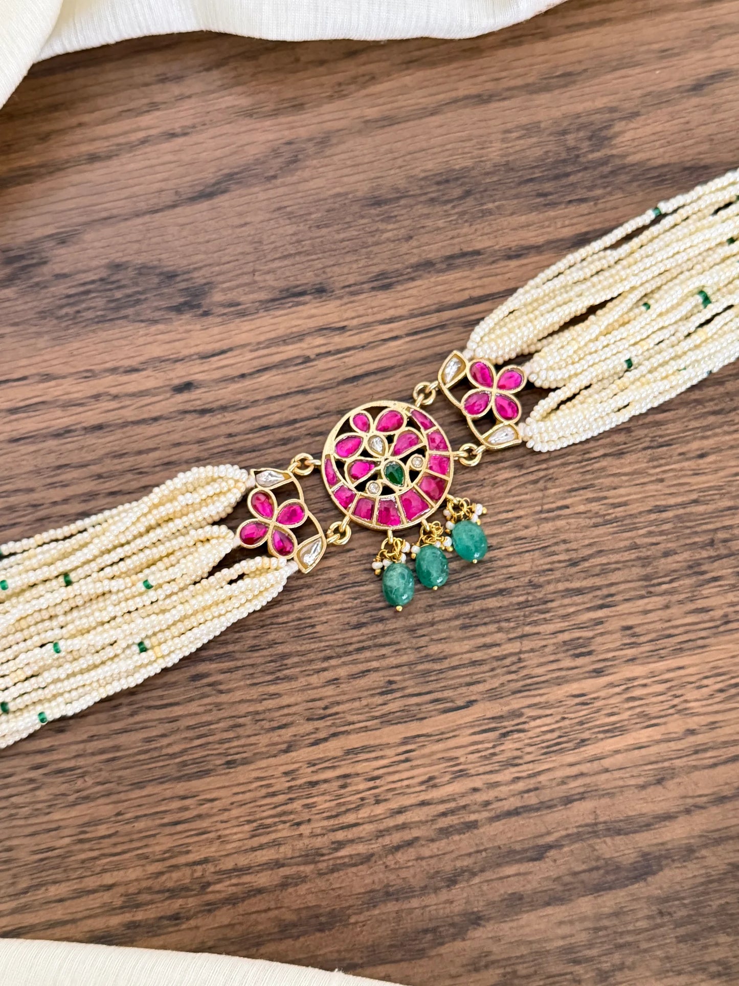 Pearl Strand Ruby Kundan Pendant Choker