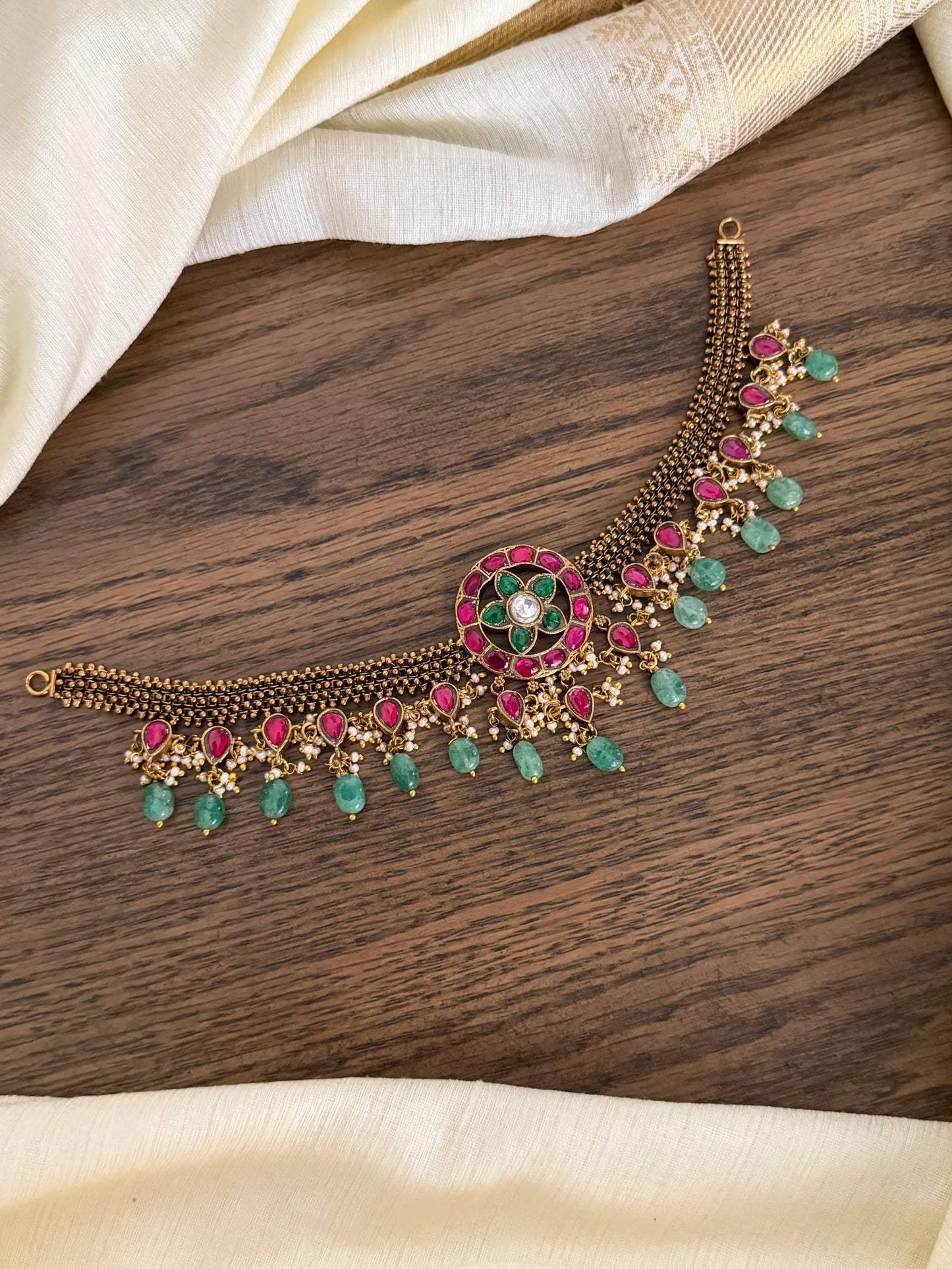 Ruby Jadau Kundan Emerald Drop Gold Chain Choker