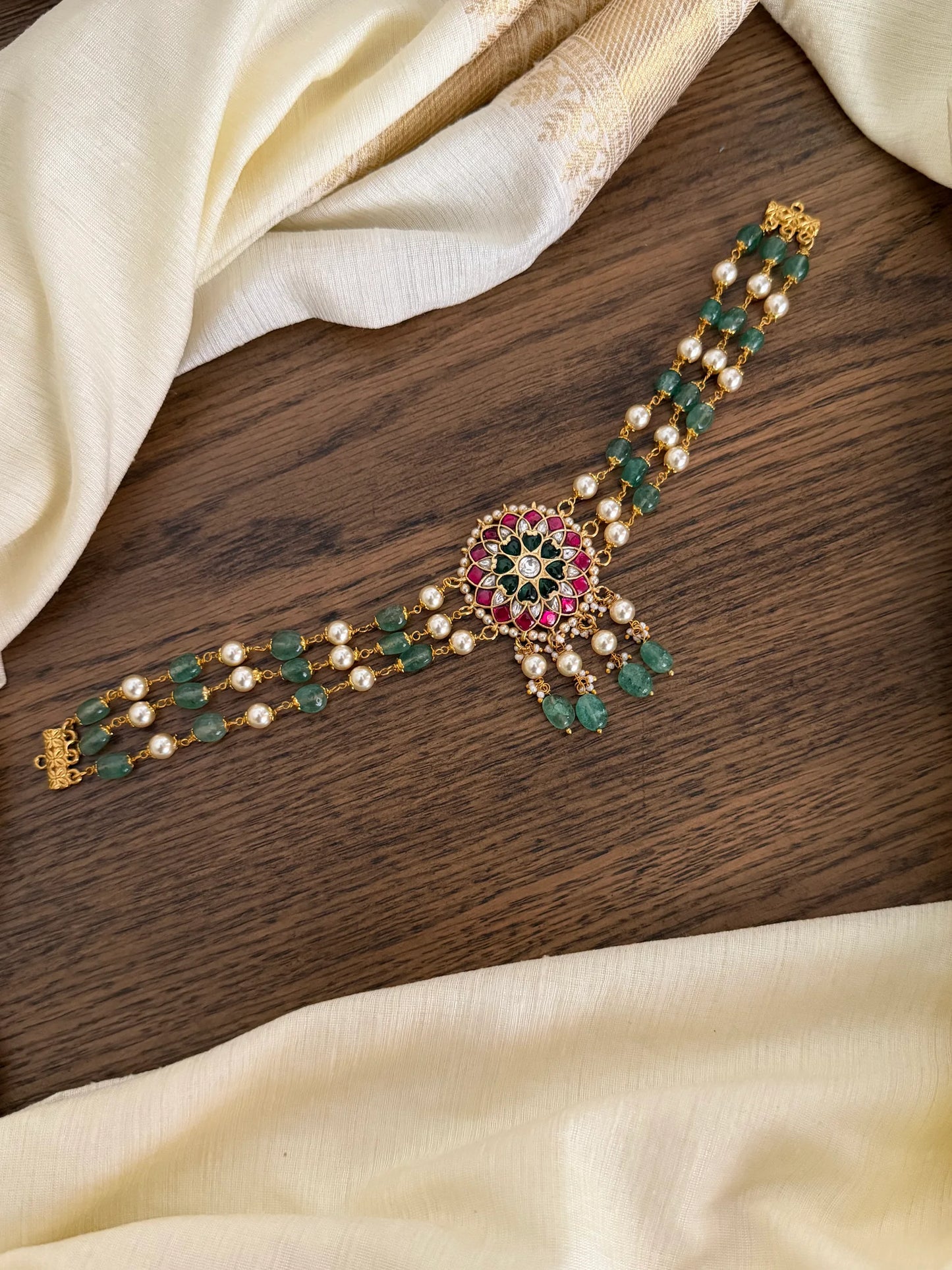 Kundan Floral Emerald Pearl Choker
