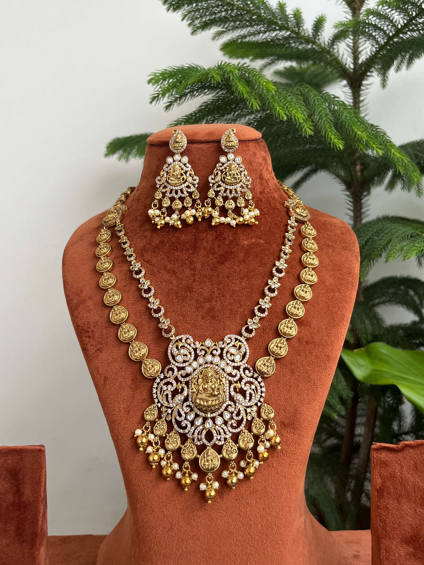 Traditional Lakshmi Coin Layered Necklace Set with Temple Pendant with Earrings