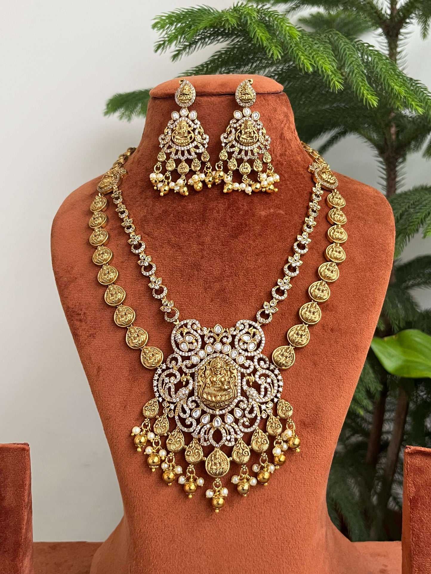 Traditional Lakshmi Coin Layered Necklace Set with Temple Pendant with Earrings