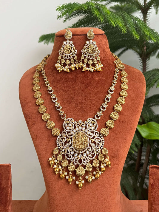 Traditional Lakshmi Coin Layered Necklace Set with Temple Pendant with Earrings