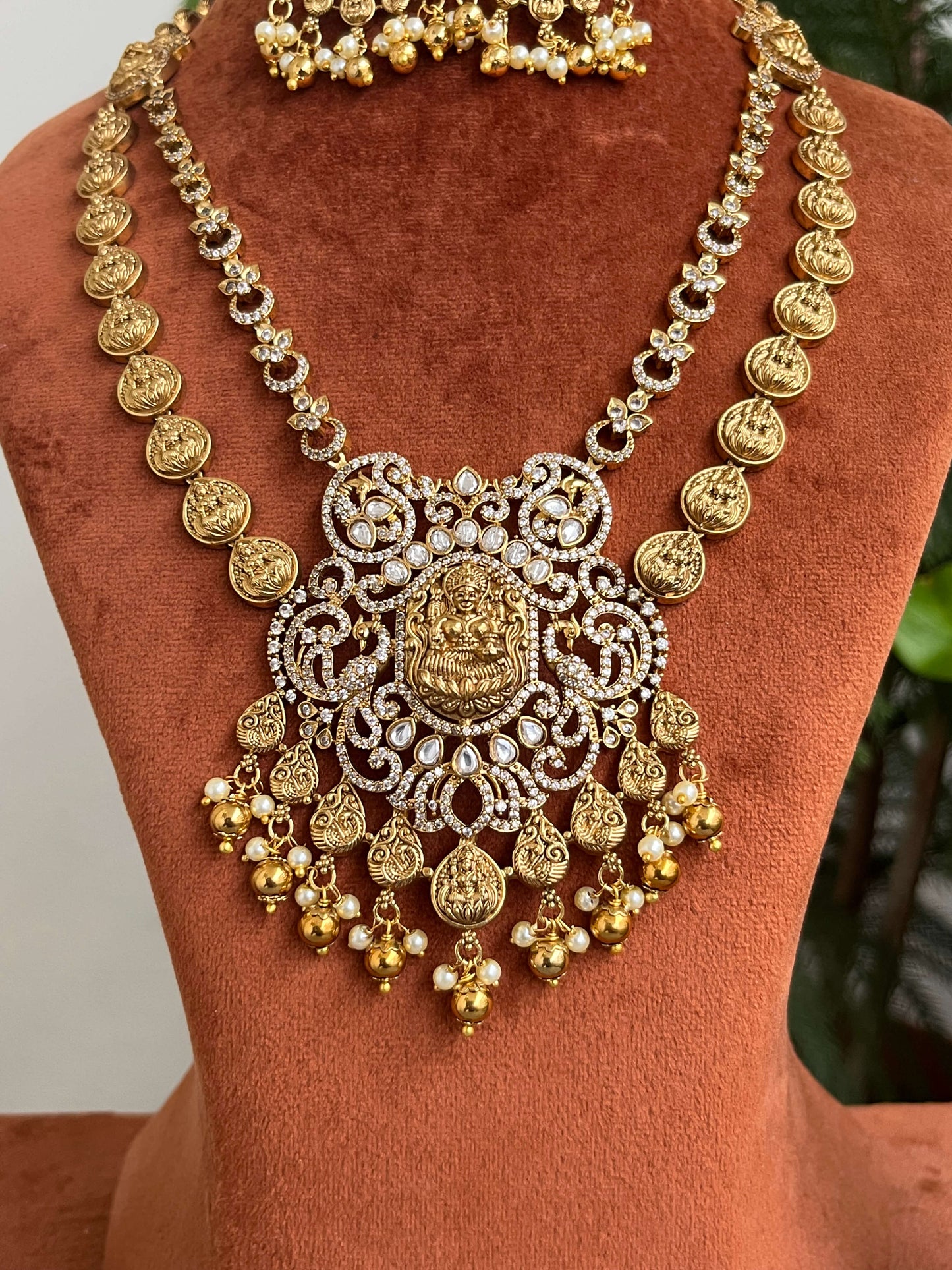 Traditional Lakshmi Coin Layered Necklace Set with Temple Pendant with Earrings