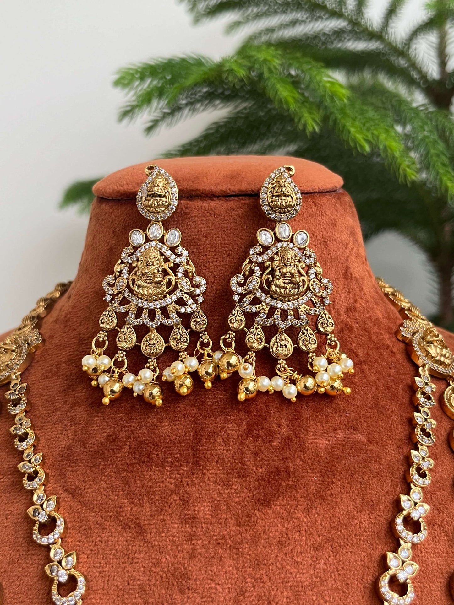 Traditional Lakshmi Coin Layered Necklace Set with Temple Pendant with Earrings