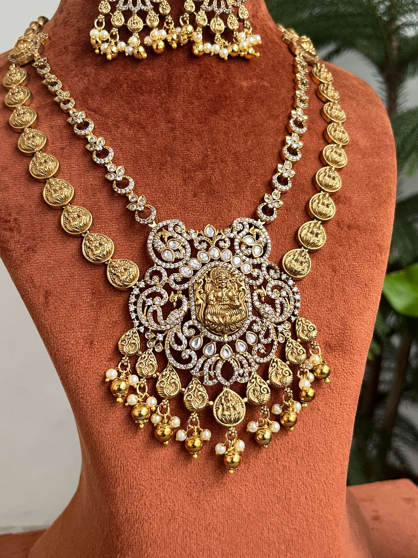 Traditional Lakshmi Coin Layered Necklace Set with Temple Pendant with Earrings