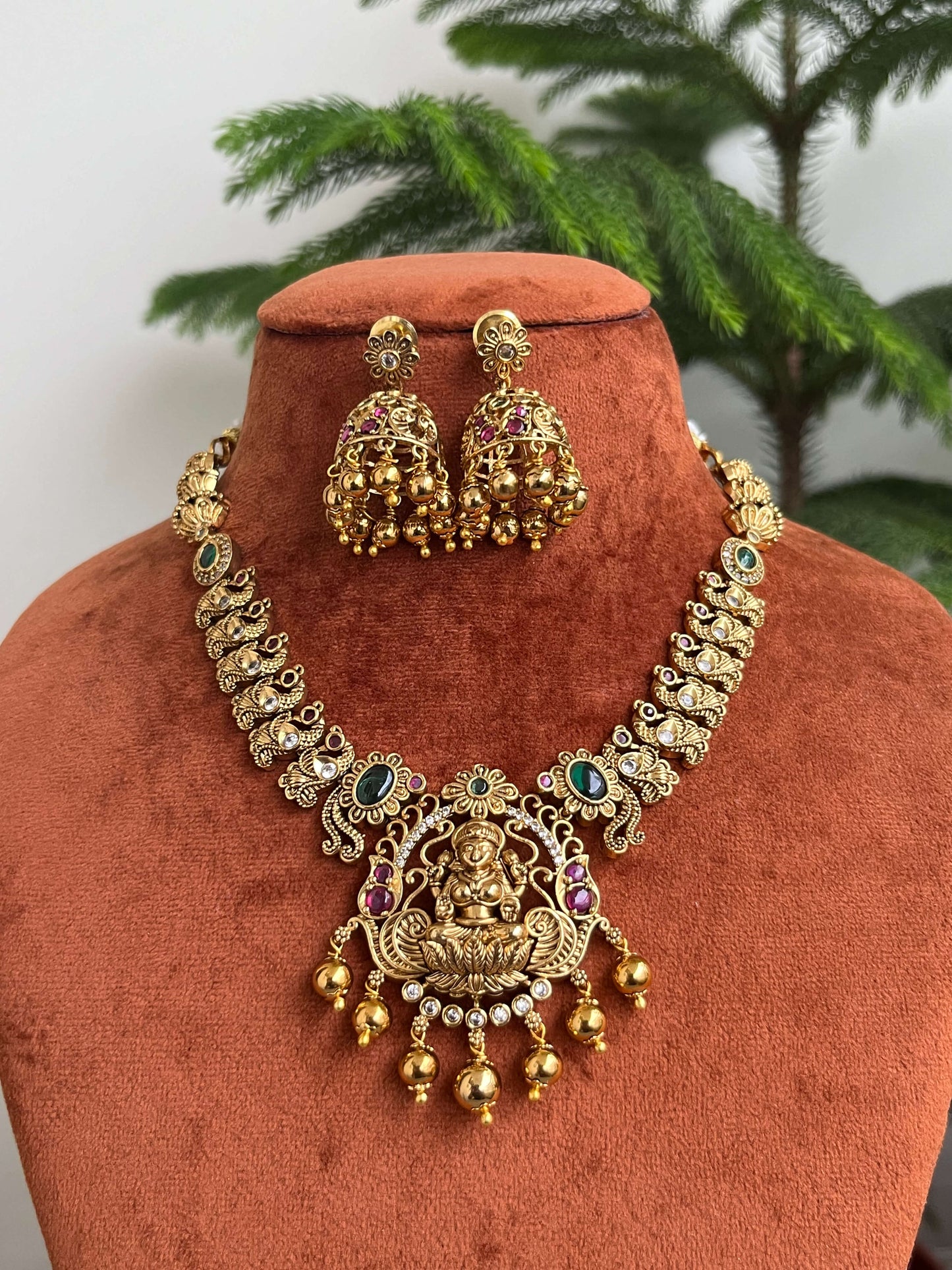 Lakshmi Devi Necklace Set with Jhumkas – Traditional South Indian Jewelry