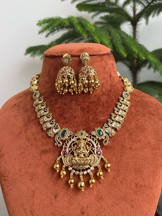 Lakshmi Devi Necklace Set with Jhumkas – Traditional South Indian Jewelry