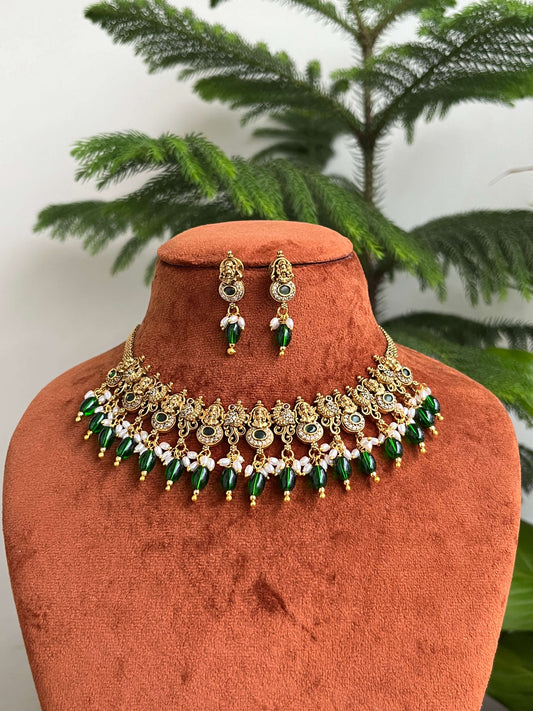 Lakshmi Temple Choker Necklace Set with Earrings – Available in Green & Pink | Traditional South Indian Jewelry