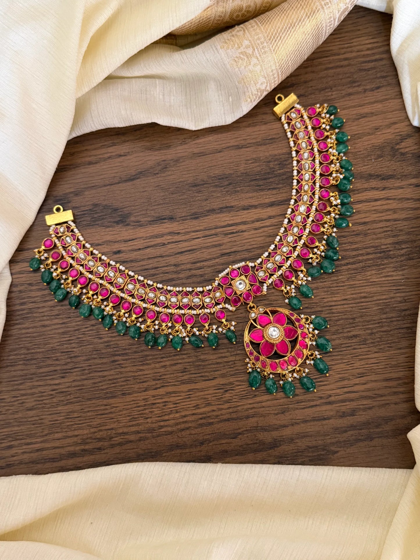 Ruby Jadau Kundan Floral Pendant Choker Necklace