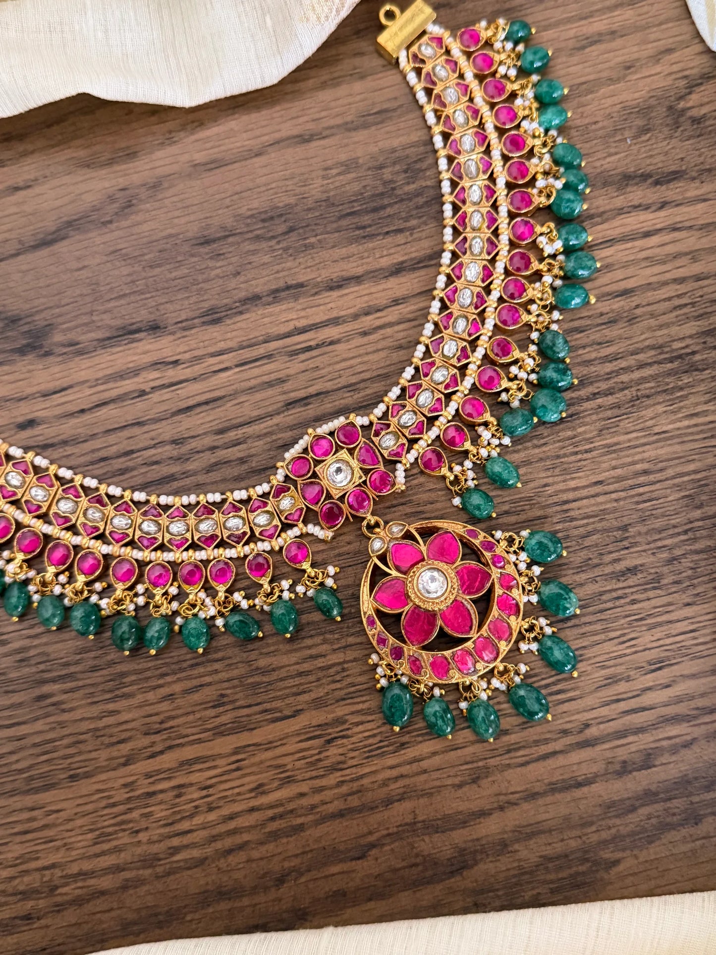 Ruby Jadau Kundan Floral Pendant Choker Necklace