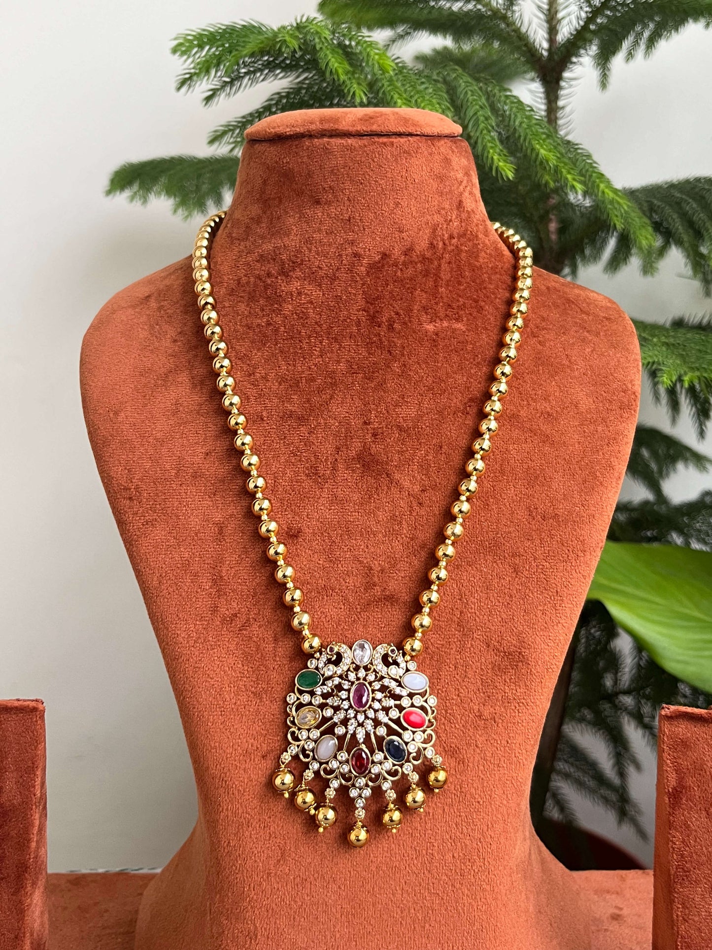 Navaratna Pendant Haram with Golden Beads – Traditional Haram