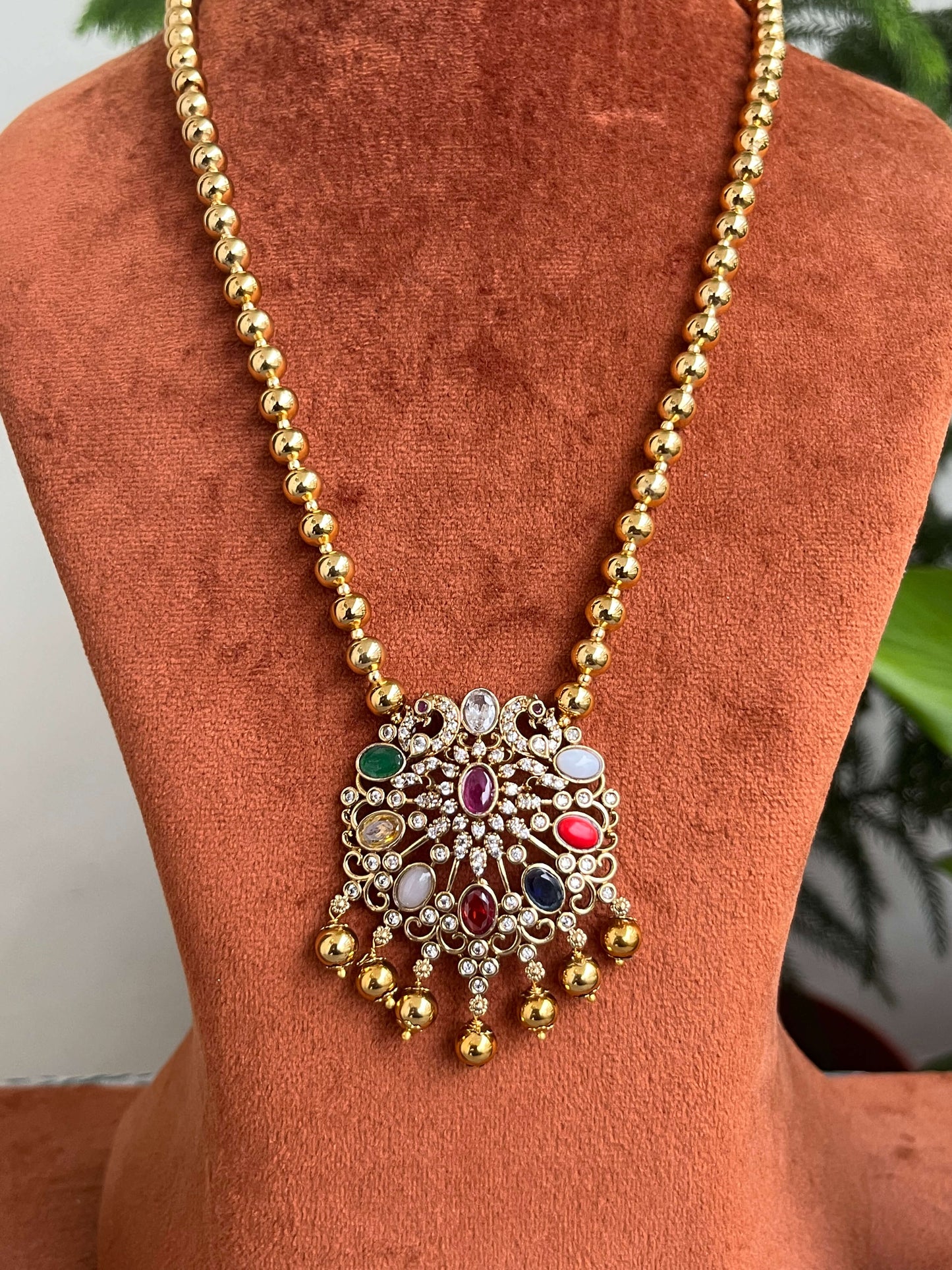 Navaratna Pendant Haram with Golden Beads – Traditional Haram